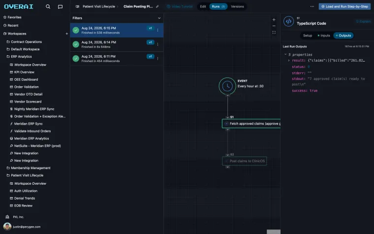 Automation run history with a node's real inputs and outputs