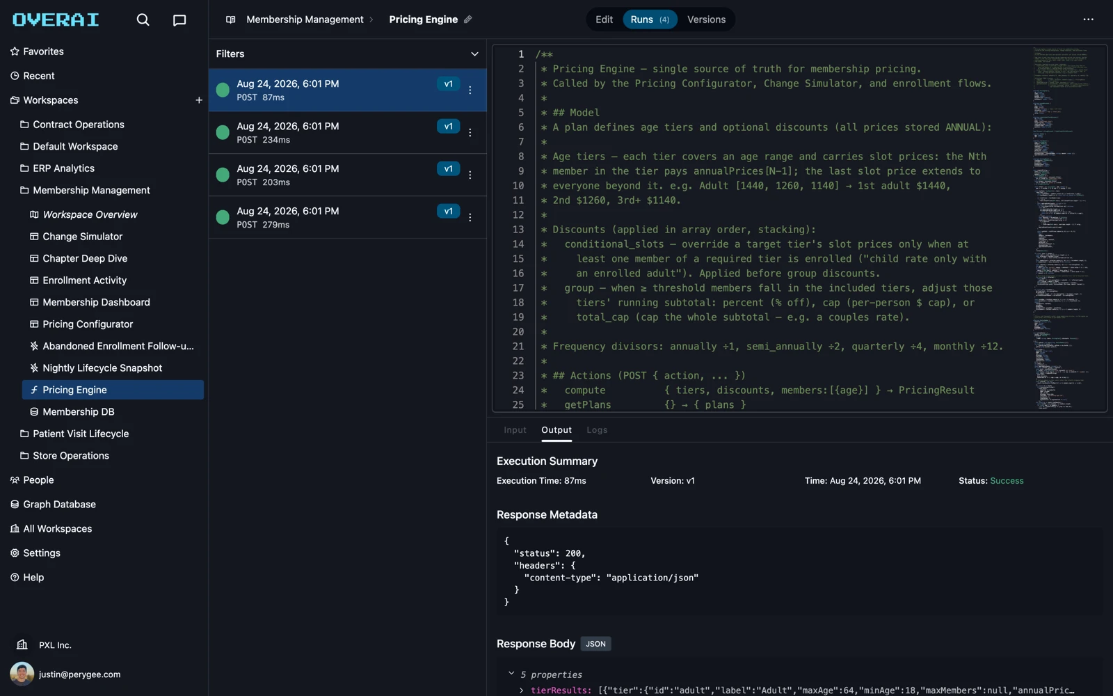 Function run history with per-execution inputs and outputs