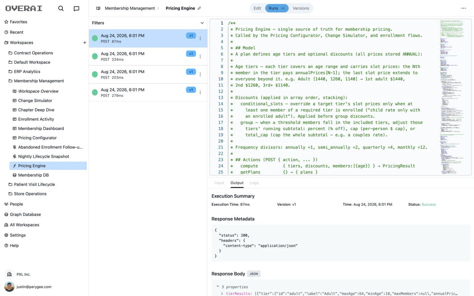 Function run history with per-execution inputs and outputs