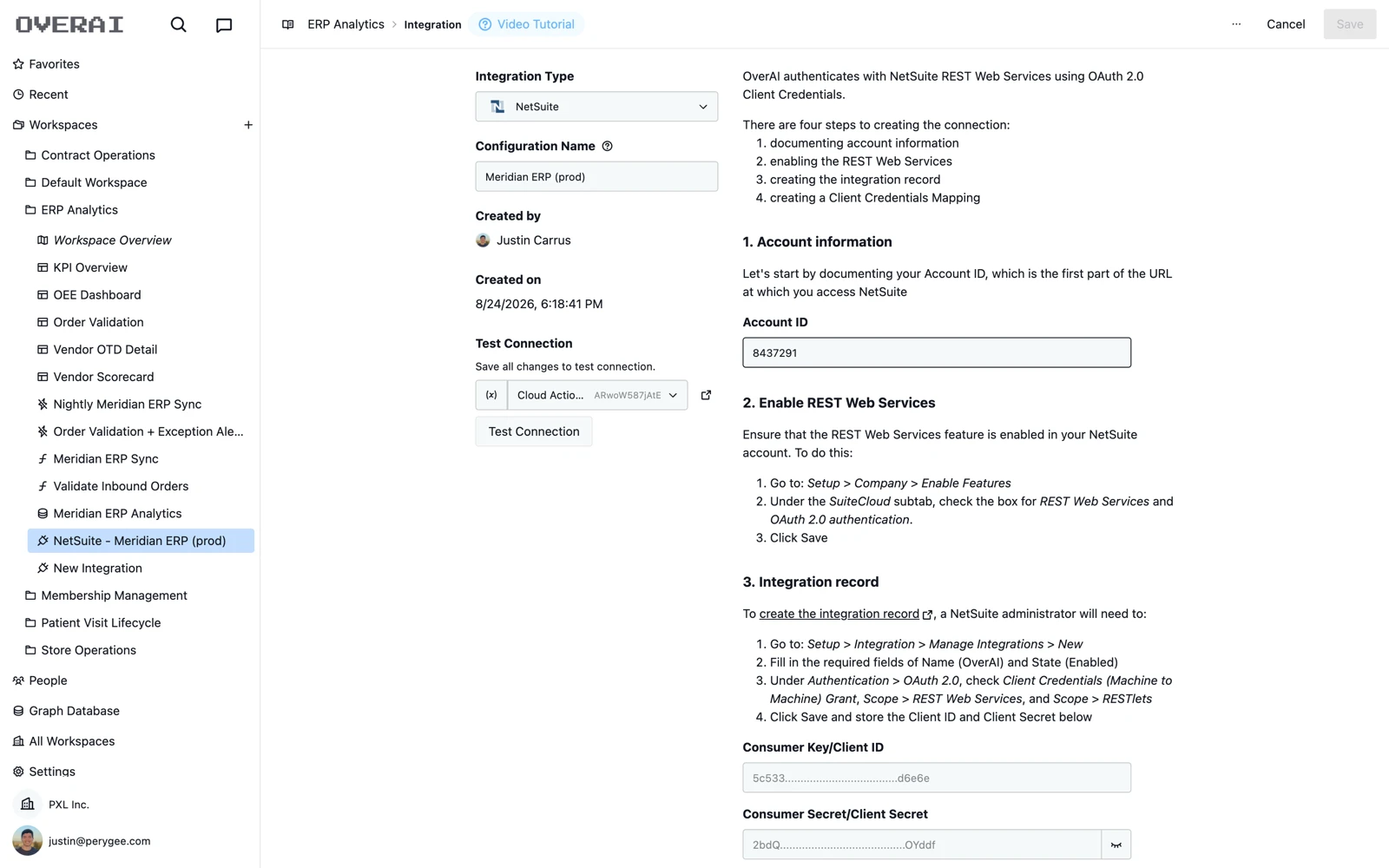 Integration editor with guided setup and masked credentials