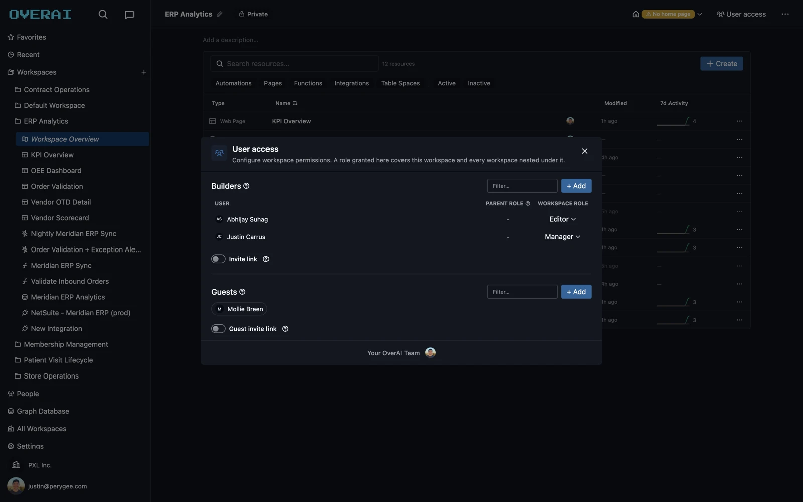 Workspace user access: builders with roles, guests, and invite links