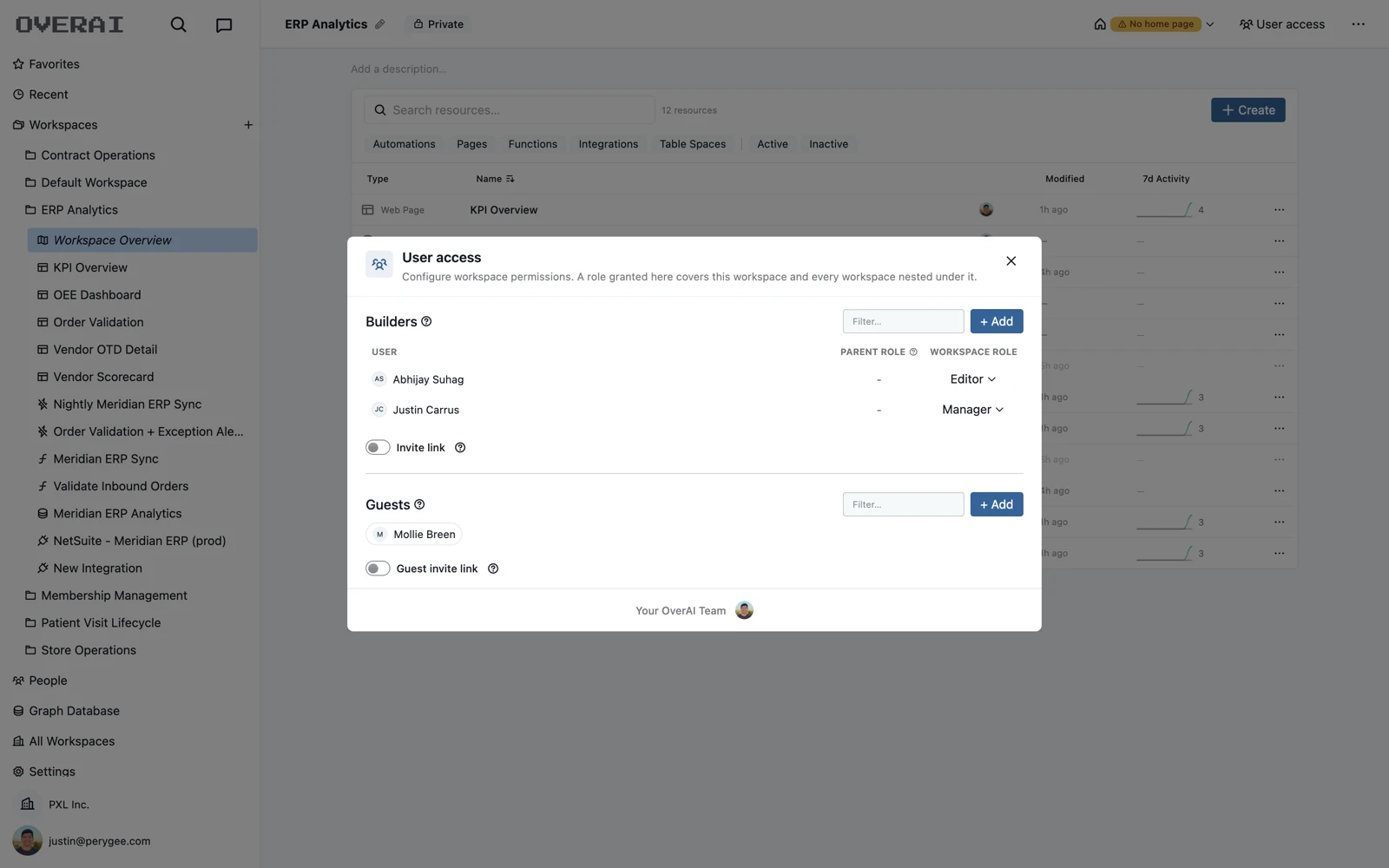 Workspace user access: builders with roles, guests, and invite links